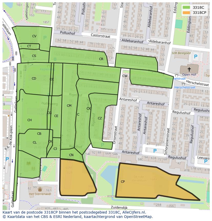 Afbeelding van het postcodegebied 3318 CP op de kaart.