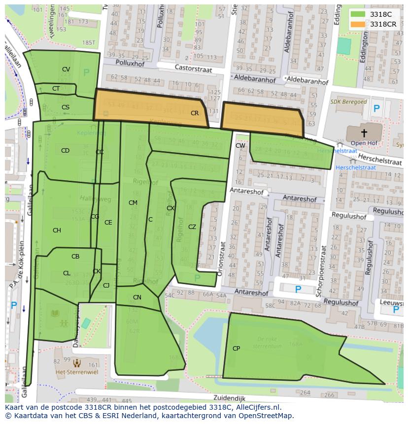 Afbeelding van het postcodegebied 3318 CR op de kaart.
