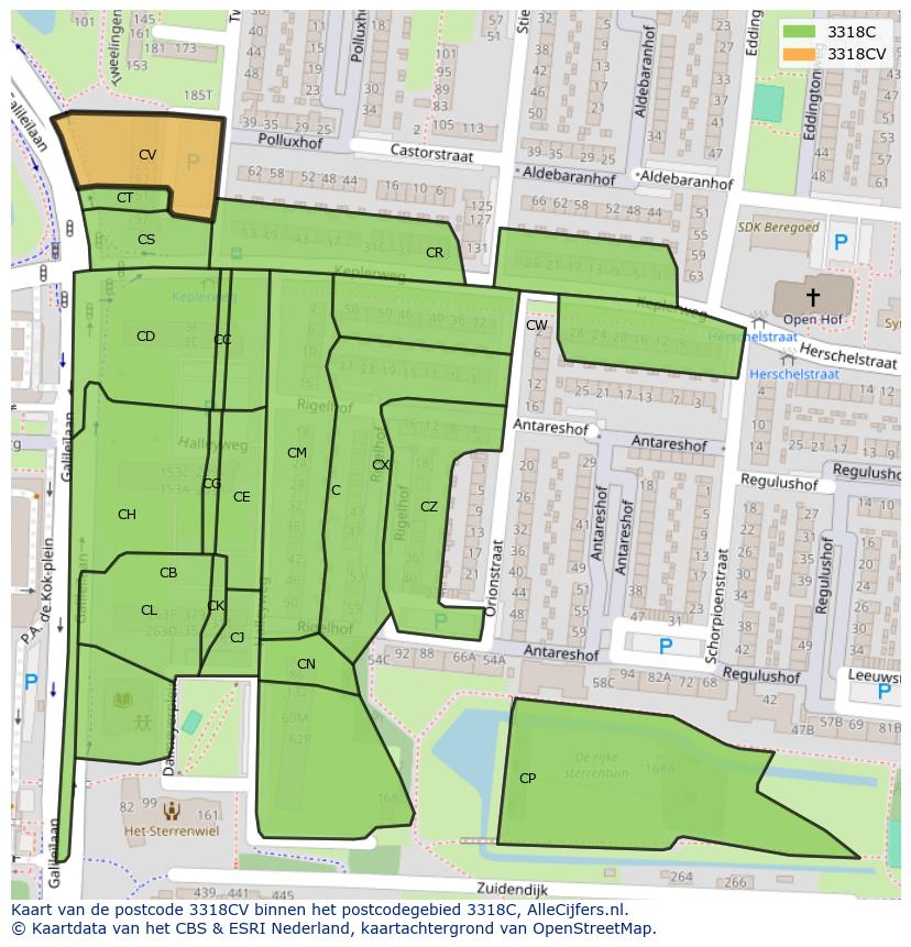 Afbeelding van het postcodegebied 3318 CV op de kaart.