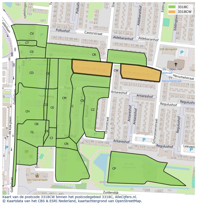 Afbeelding van het postcodegebied 3318 CW op de kaart.