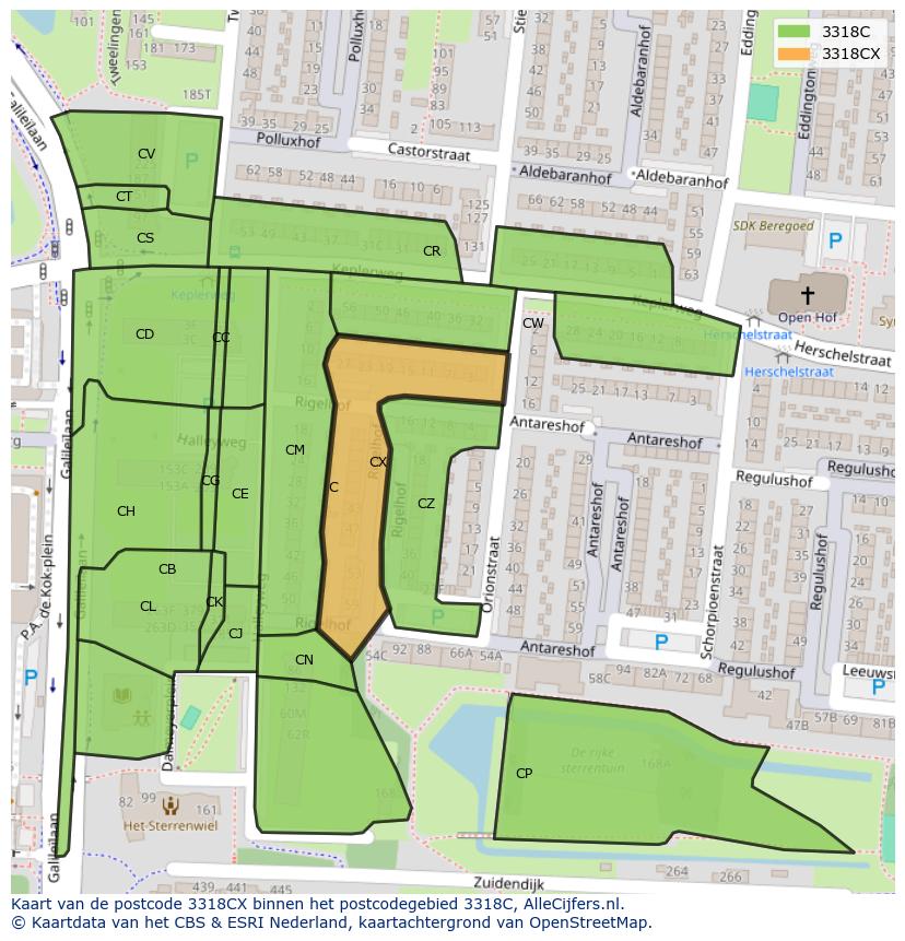 Afbeelding van het postcodegebied 3318 CX op de kaart.