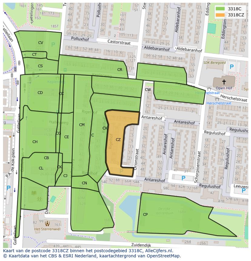 Afbeelding van het postcodegebied 3318 CZ op de kaart.