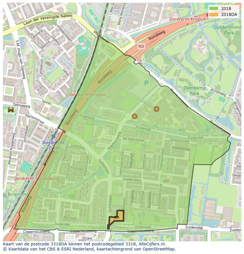 Afbeelding van het postcodegebied 3318 DA op de kaart.