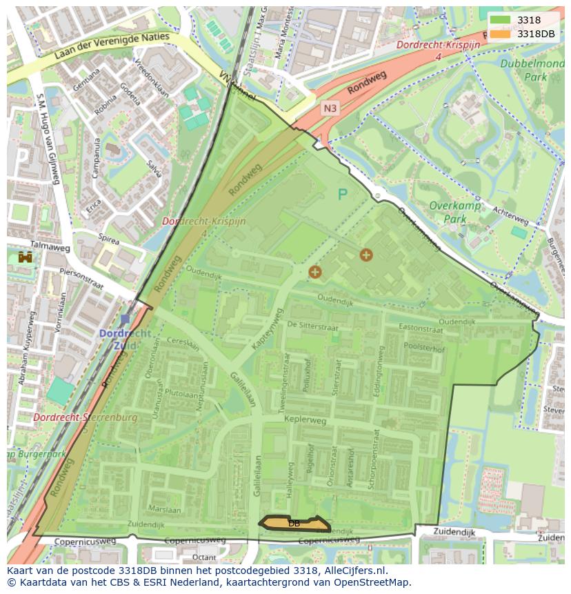 Afbeelding van het postcodegebied 3318 DB op de kaart.