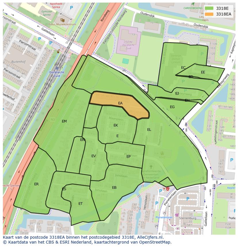 Afbeelding van het postcodegebied 3318 EA op de kaart.