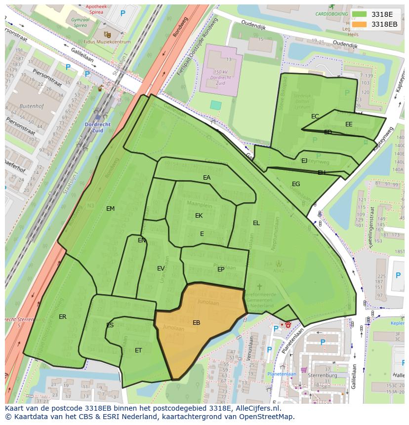 Afbeelding van het postcodegebied 3318 EB op de kaart.