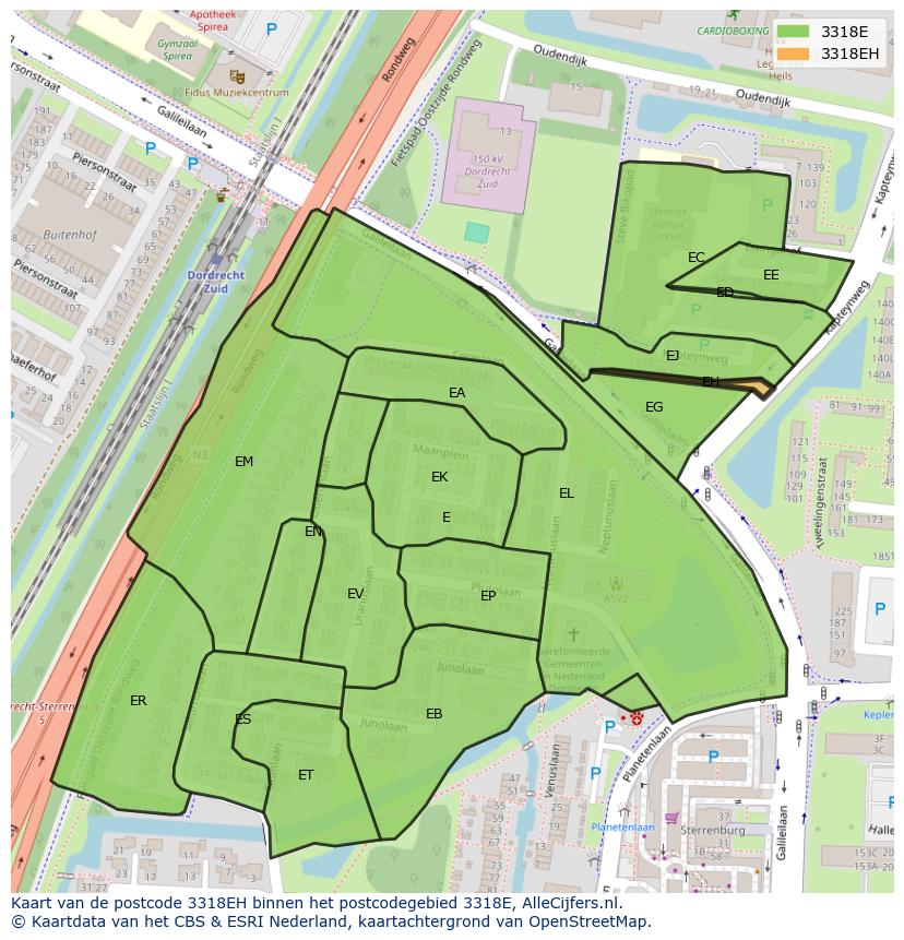 Afbeelding van het postcodegebied 3318 EH op de kaart.