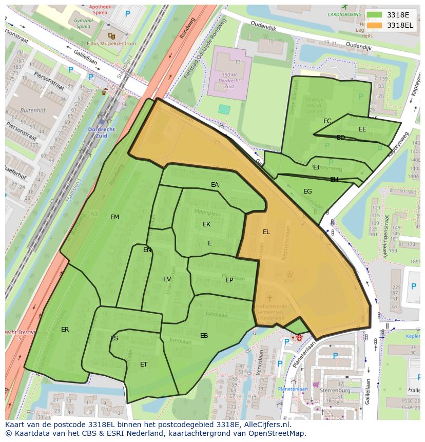 Afbeelding van het postcodegebied 3318 EL op de kaart.