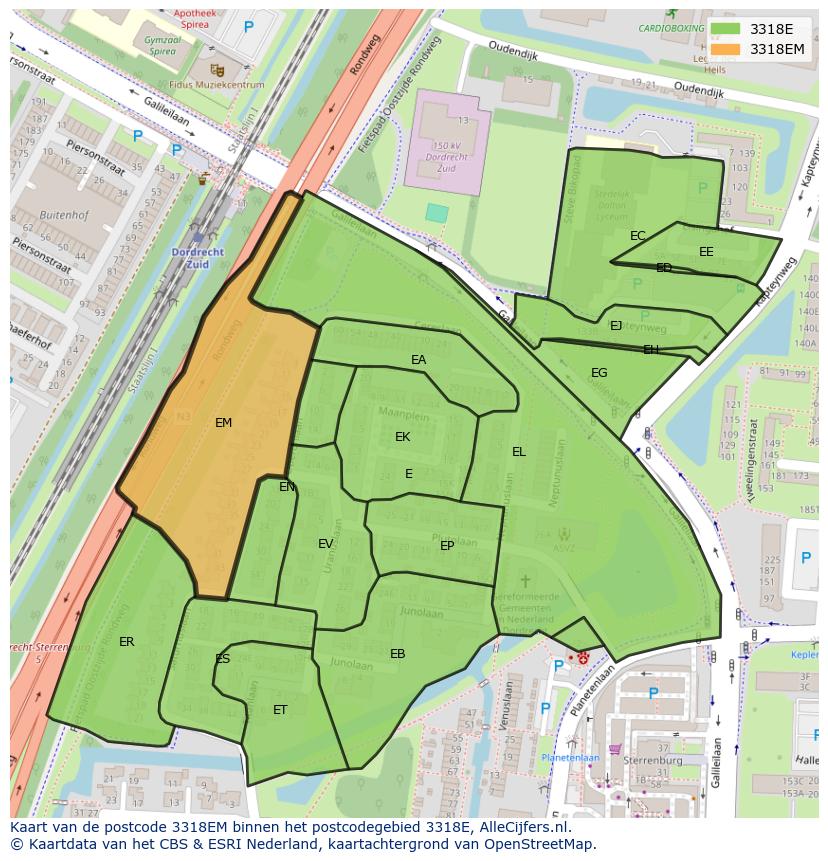 Afbeelding van het postcodegebied 3318 EM op de kaart.