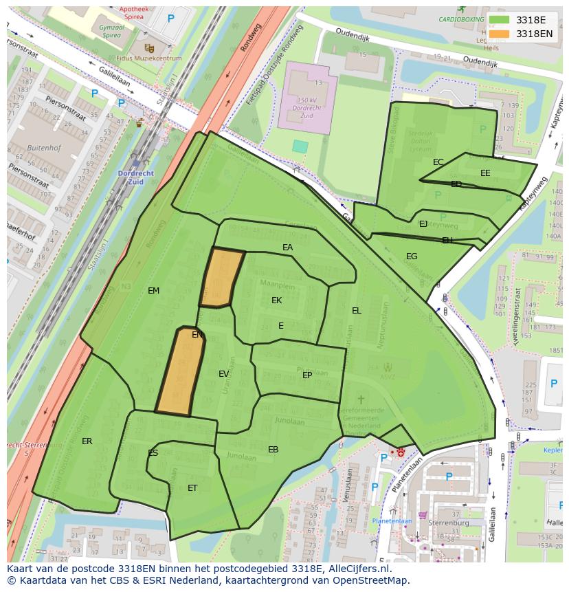 Afbeelding van het postcodegebied 3318 EN op de kaart.