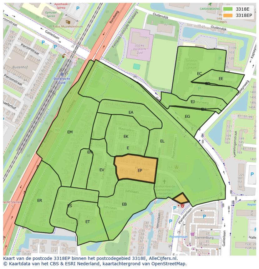 Afbeelding van het postcodegebied 3318 EP op de kaart.