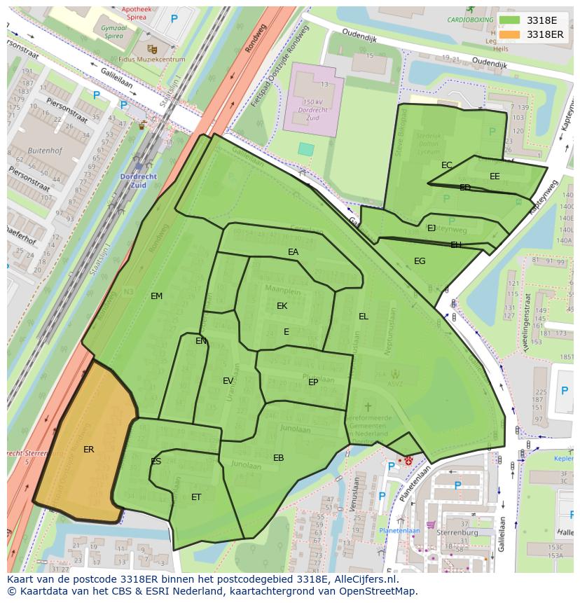 Afbeelding van het postcodegebied 3318 ER op de kaart.