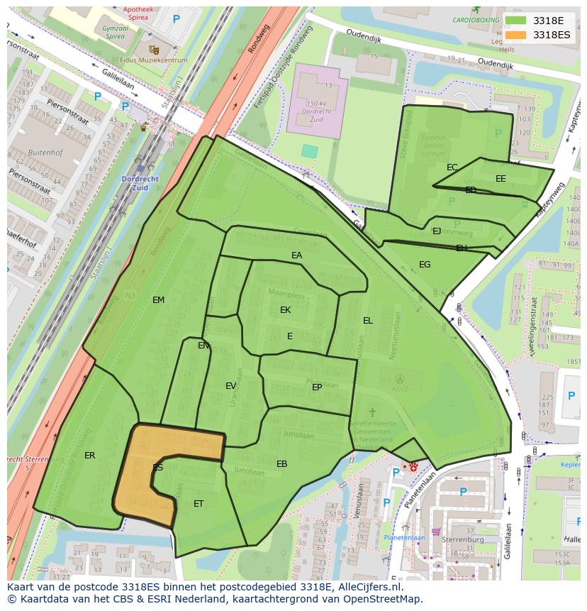 Afbeelding van het postcodegebied 3318 ES op de kaart.