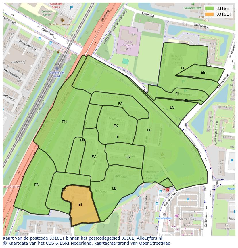 Afbeelding van het postcodegebied 3318 ET op de kaart.