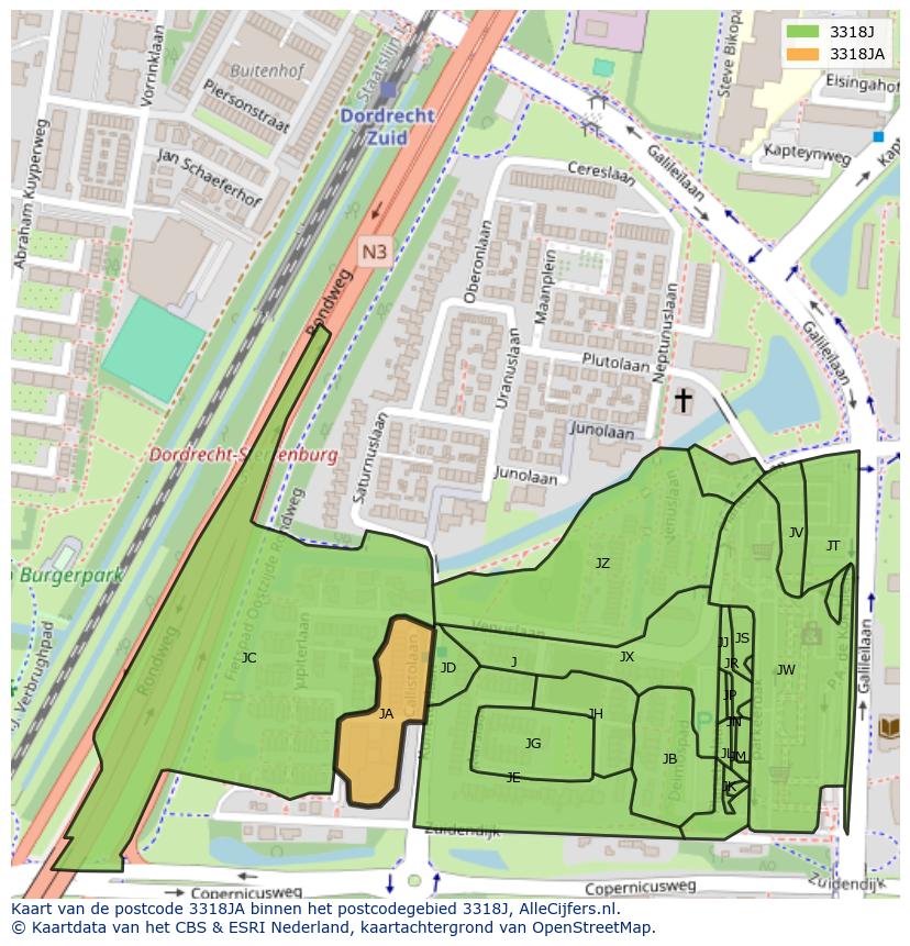 Afbeelding van het postcodegebied 3318 JA op de kaart.