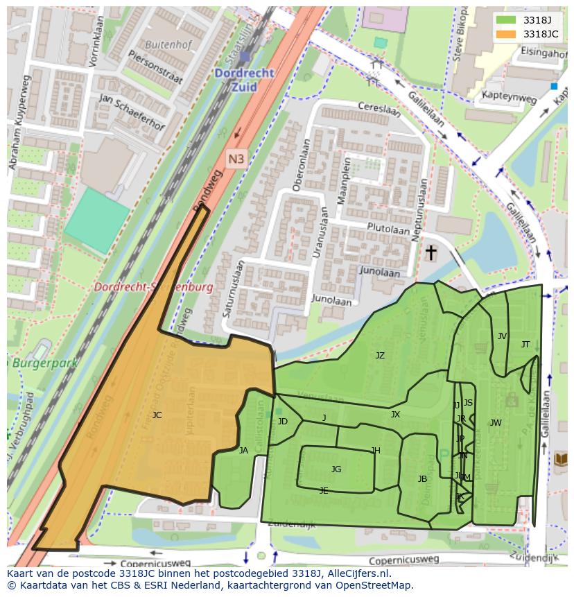 Afbeelding van het postcodegebied 3318 JC op de kaart.