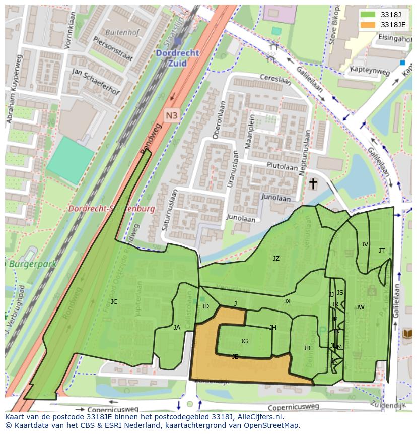 Afbeelding van het postcodegebied 3318 JE op de kaart.