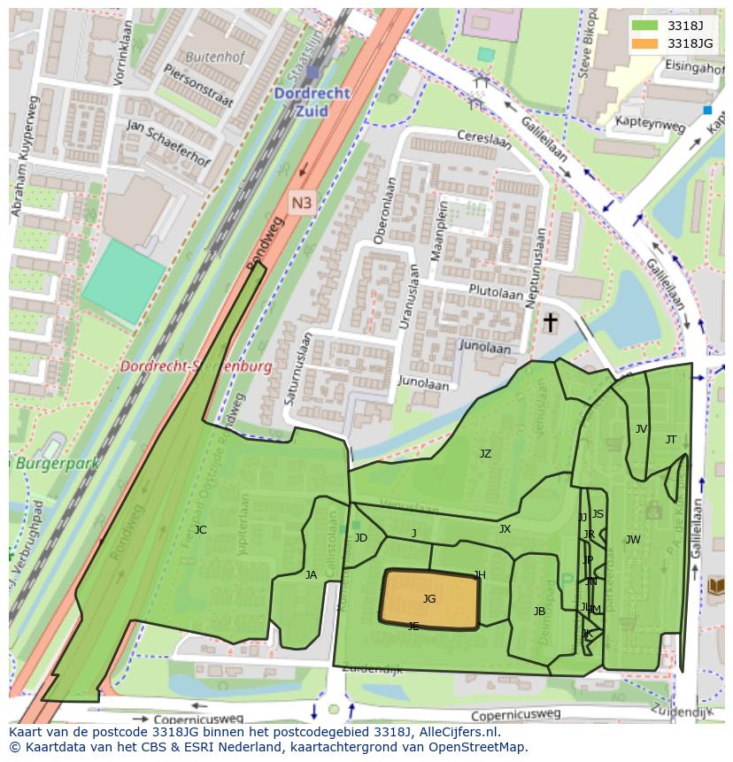 Afbeelding van het postcodegebied 3318 JG op de kaart.