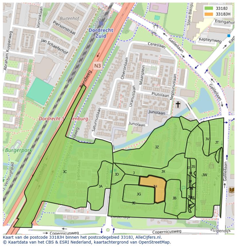 Afbeelding van het postcodegebied 3318 JH op de kaart.