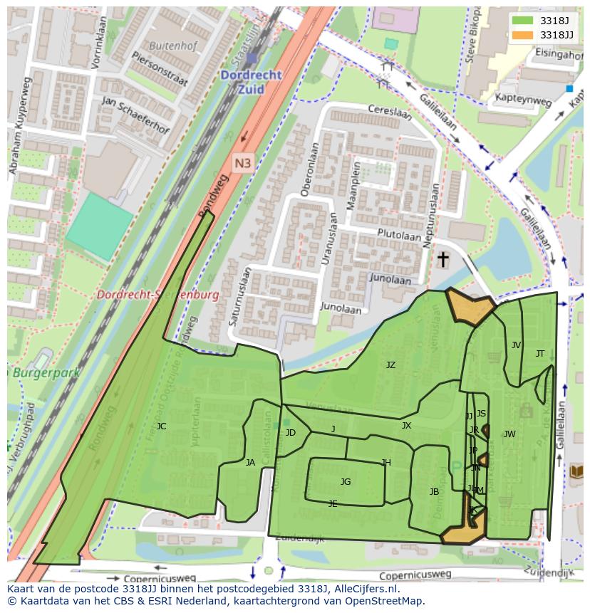 Afbeelding van het postcodegebied 3318 JJ op de kaart.