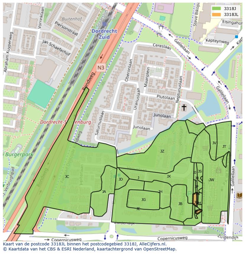 Afbeelding van het postcodegebied 3318 JL op de kaart.