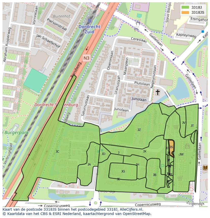 Afbeelding van het postcodegebied 3318 JS op de kaart.