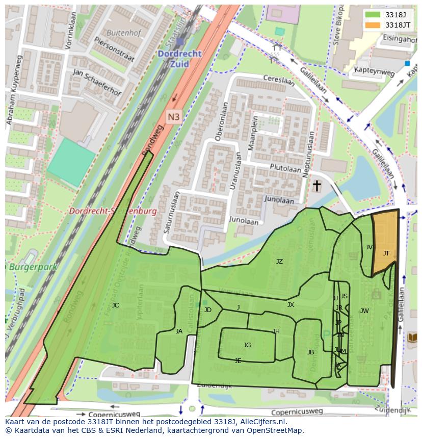 Afbeelding van het postcodegebied 3318 JT op de kaart.