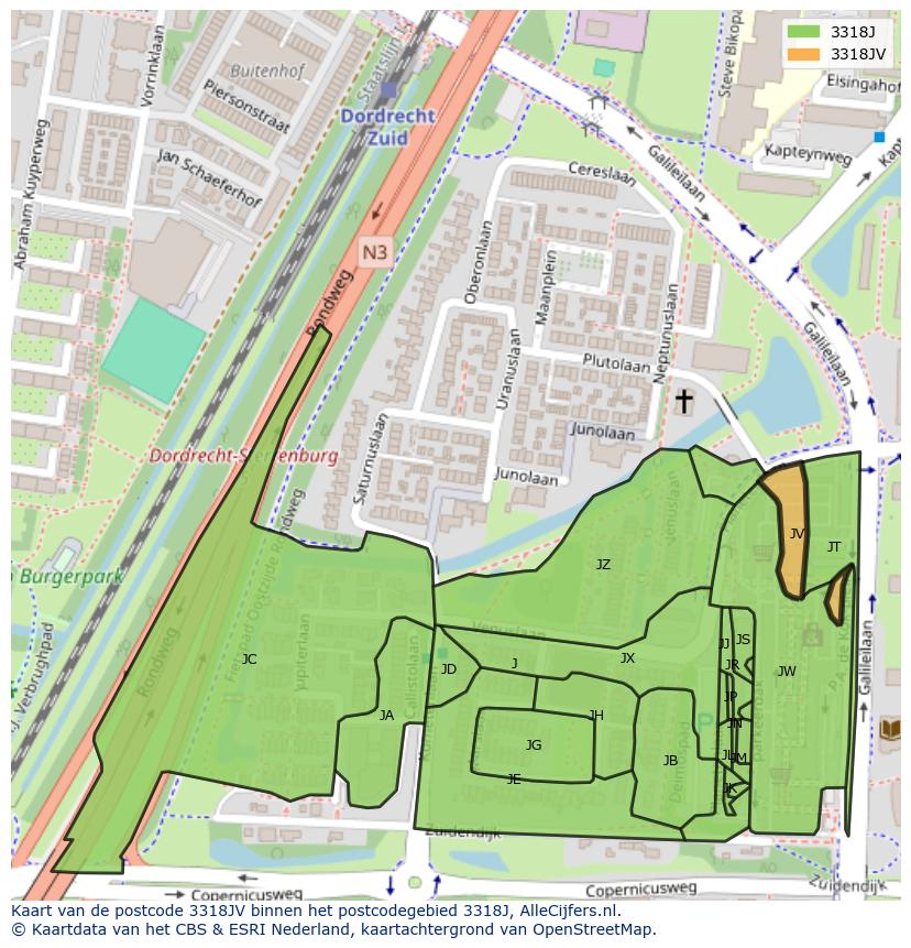 Afbeelding van het postcodegebied 3318 JV op de kaart.