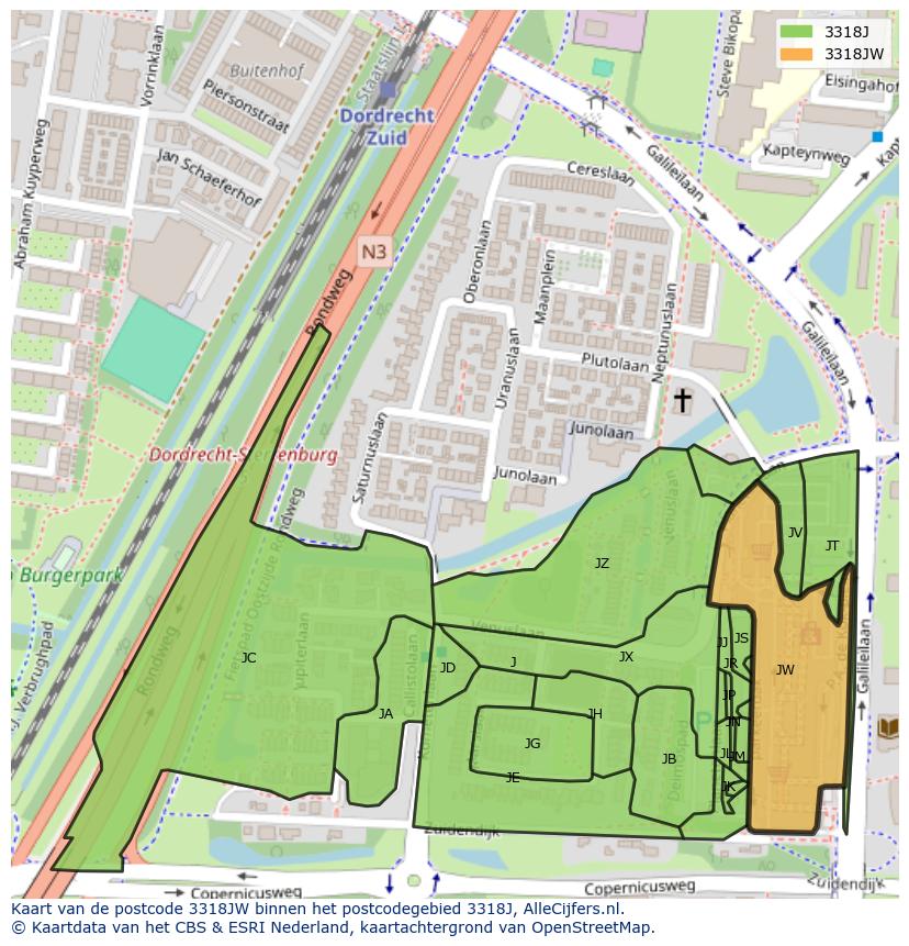 Afbeelding van het postcodegebied 3318 JW op de kaart.