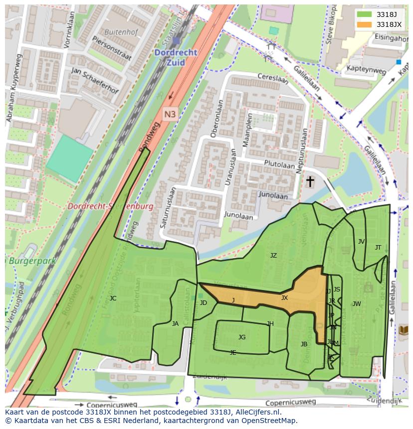 Afbeelding van het postcodegebied 3318 JX op de kaart.