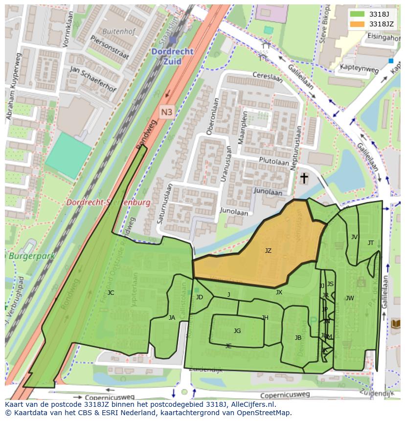 Afbeelding van het postcodegebied 3318 JZ op de kaart.