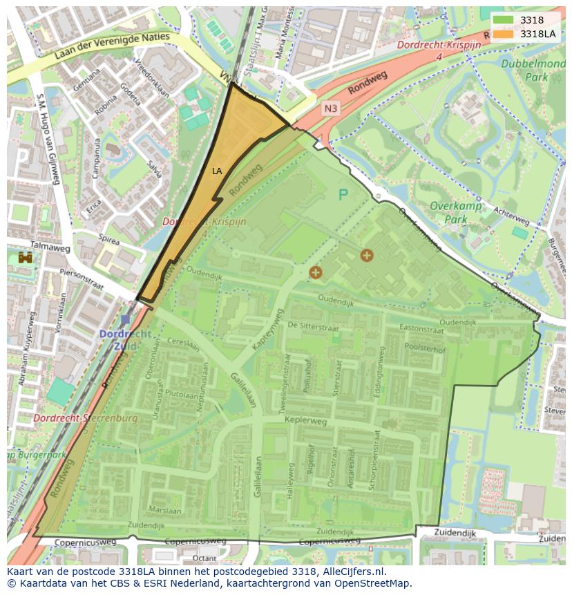 Afbeelding van het postcodegebied 3318 LA op de kaart.