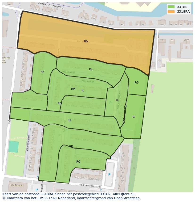 Afbeelding van het postcodegebied 3318 RA op de kaart.