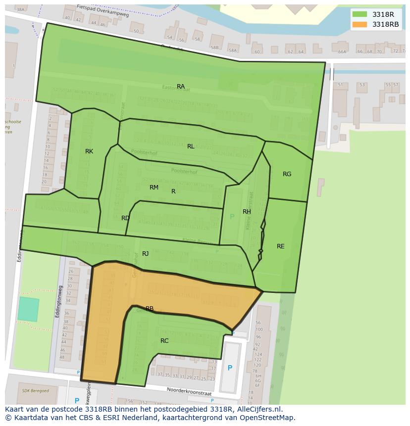 Afbeelding van het postcodegebied 3318 RB op de kaart.