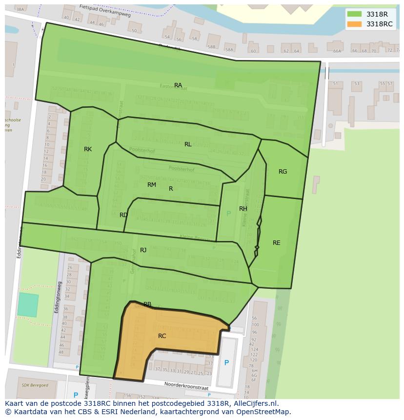 Afbeelding van het postcodegebied 3318 RC op de kaart.