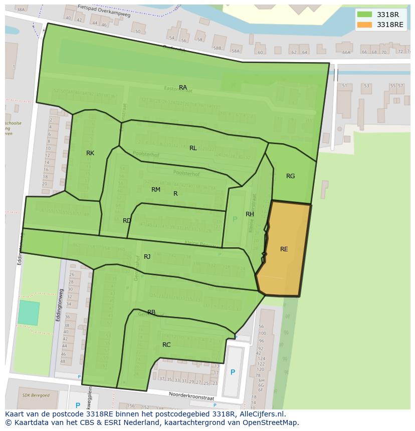 Afbeelding van het postcodegebied 3318 RE op de kaart.