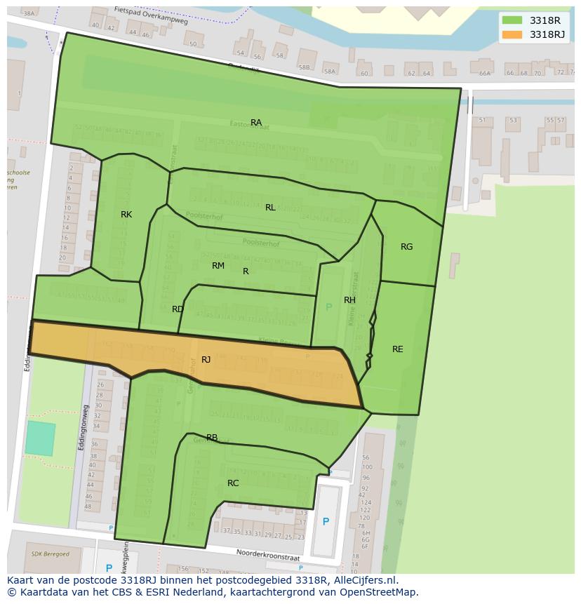 Afbeelding van het postcodegebied 3318 RJ op de kaart.