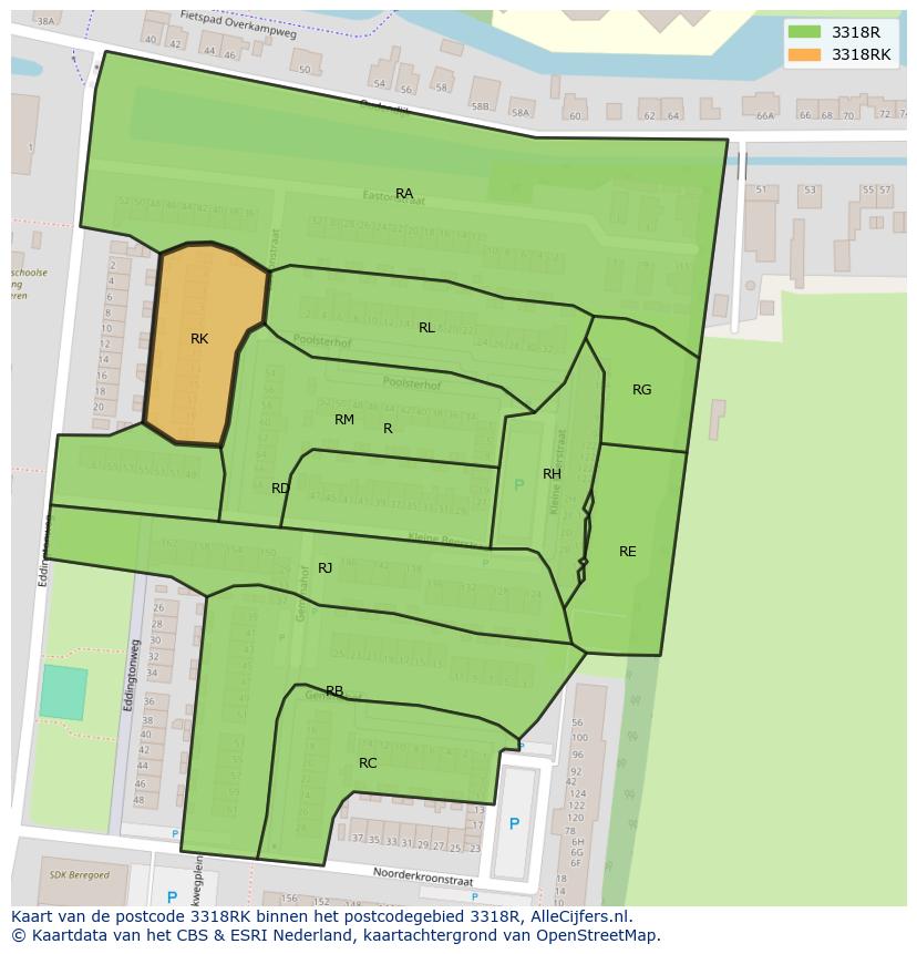 Afbeelding van het postcodegebied 3318 RK op de kaart.