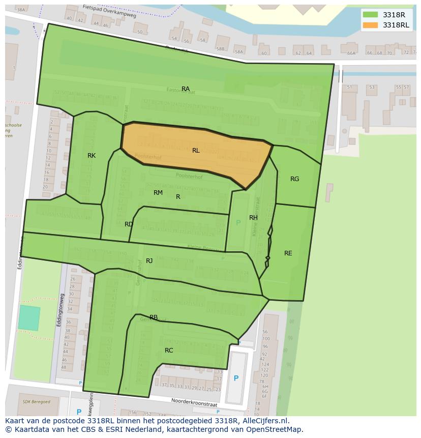 Afbeelding van het postcodegebied 3318 RL op de kaart.