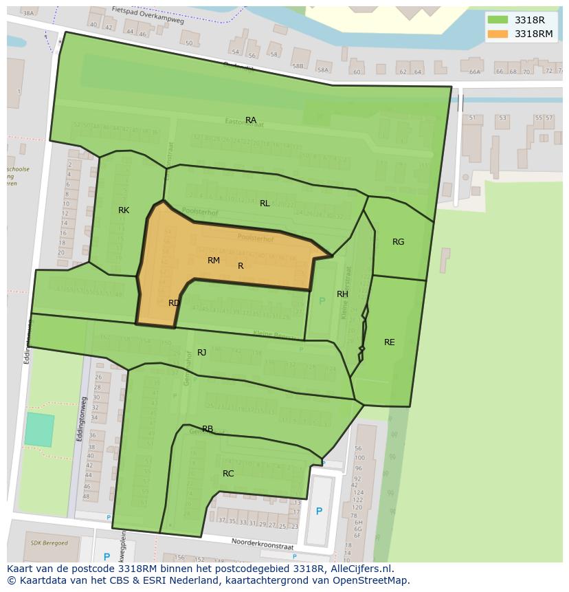 Afbeelding van het postcodegebied 3318 RM op de kaart.
