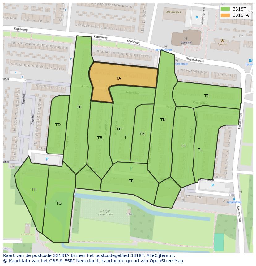 Afbeelding van het postcodegebied 3318 TA op de kaart.