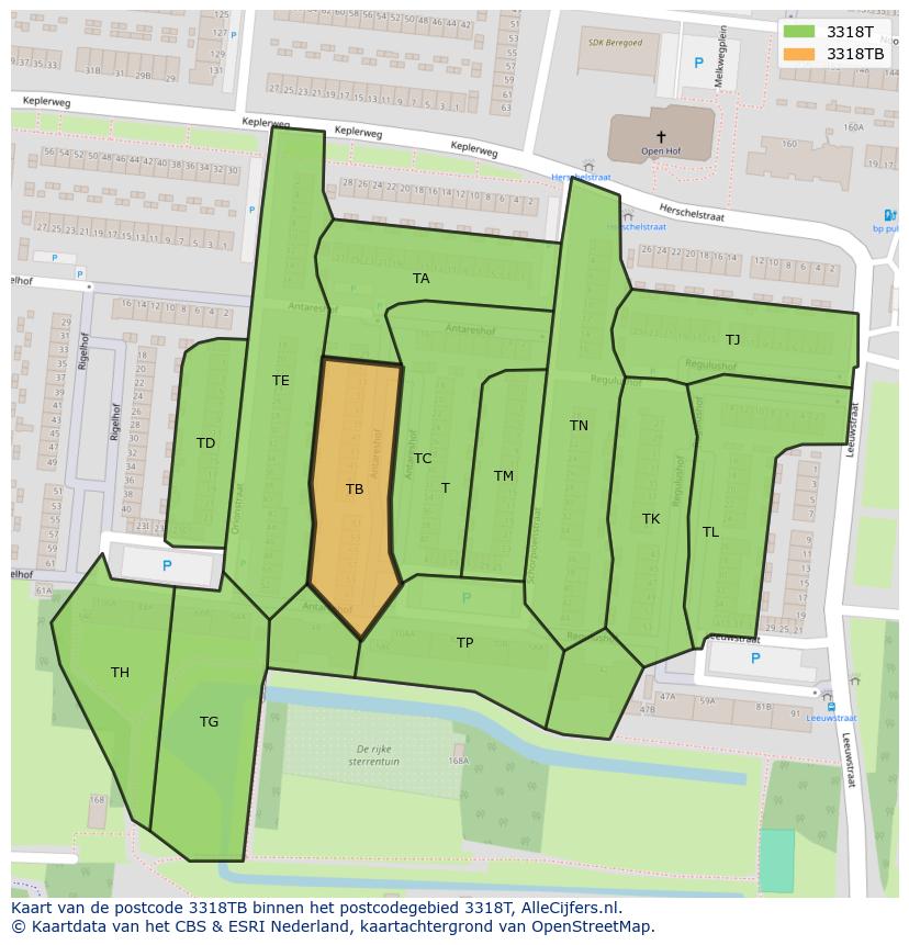 Afbeelding van het postcodegebied 3318 TB op de kaart.