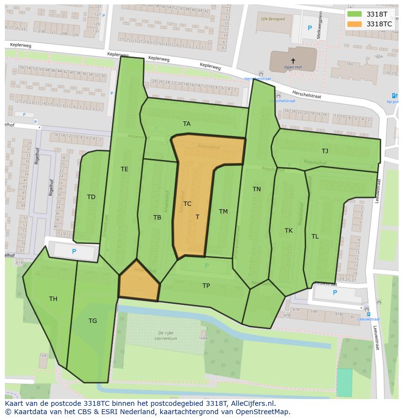 Afbeelding van het postcodegebied 3318 TC op de kaart.
