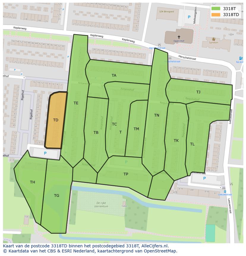 Afbeelding van het postcodegebied 3318 TD op de kaart.