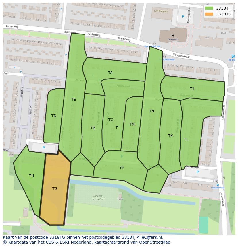 Afbeelding van het postcodegebied 3318 TG op de kaart.