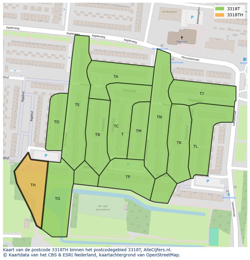 Afbeelding van het postcodegebied 3318 TH op de kaart.