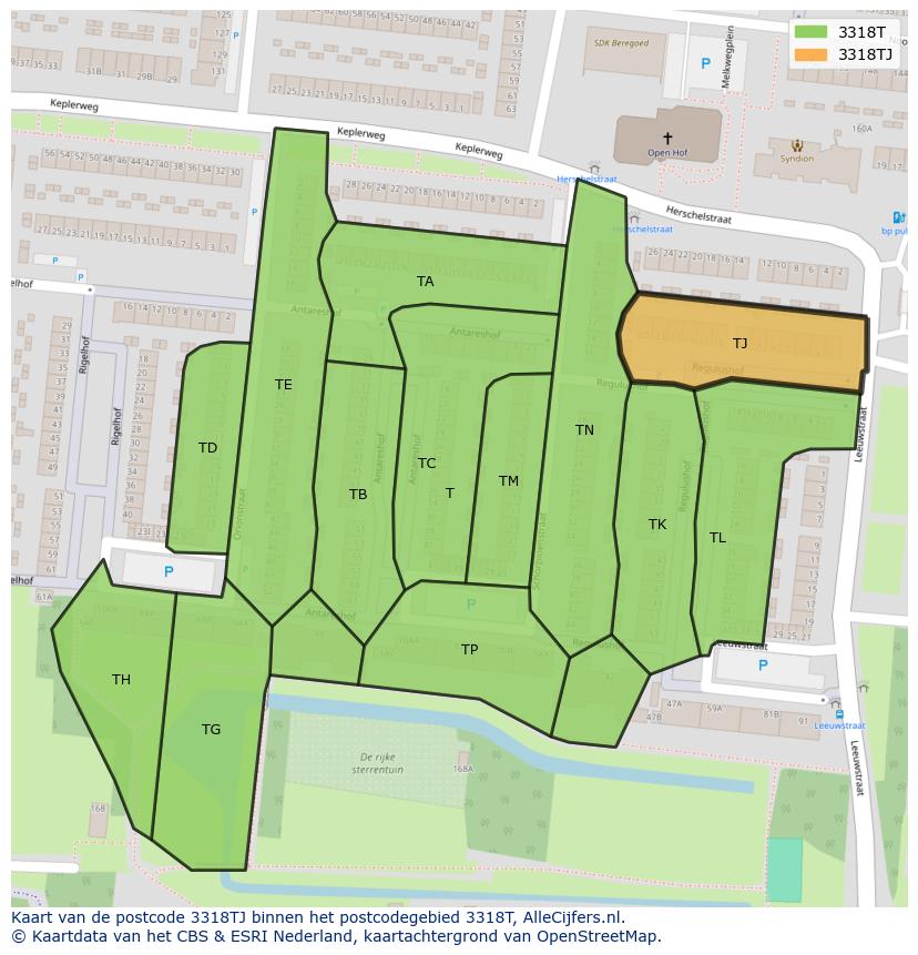 Afbeelding van het postcodegebied 3318 TJ op de kaart.