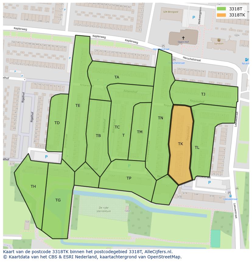 Afbeelding van het postcodegebied 3318 TK op de kaart.