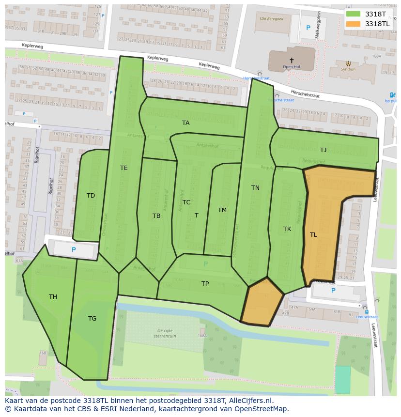 Afbeelding van het postcodegebied 3318 TL op de kaart.