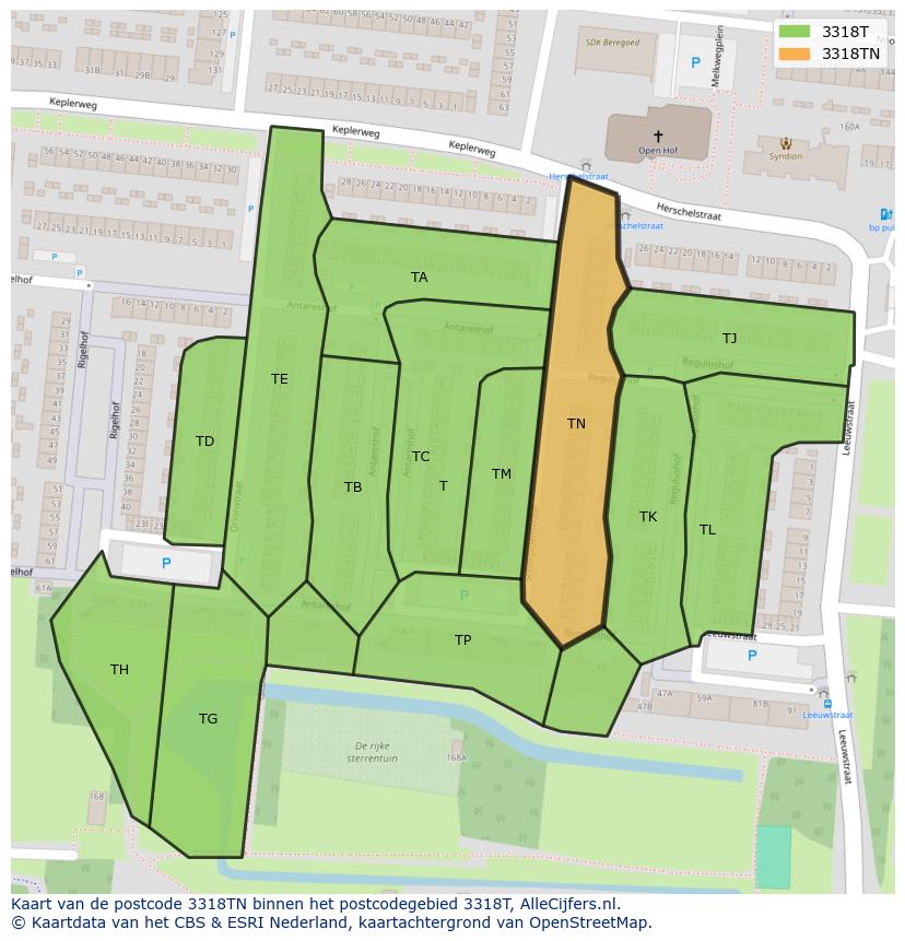 Afbeelding van het postcodegebied 3318 TN op de kaart.